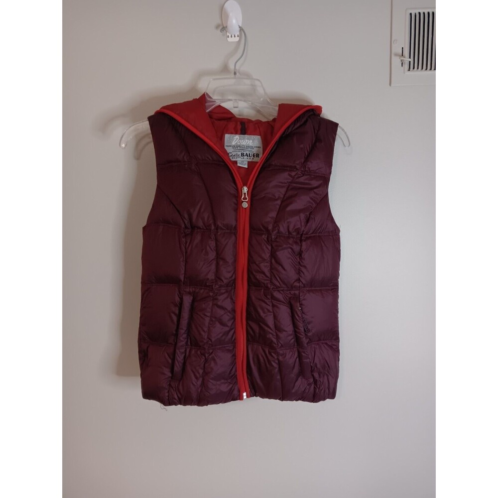 Eddie Bauer Vest Womens XS Burgundy Premium Goose Down EB 550 Fill Zip Hooded